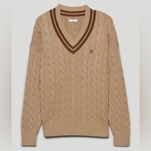 Aritzia TNA Clay Sweater Women Large Tennis Cable Vneck Pullover Preppy Academia